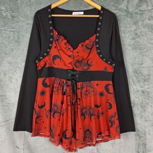 Womens Top 1X Black Babydoll Whimsigoth Goth Corset Witchy Celestial Moon Stars